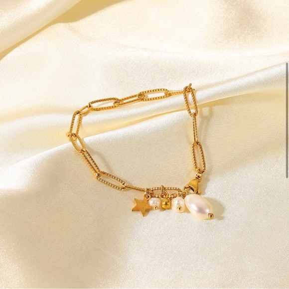 18K Gold Plated Star Pearl Tassel Pendant Cross Chain Bracelet, Charm Bracelet - Picture 5 of 6